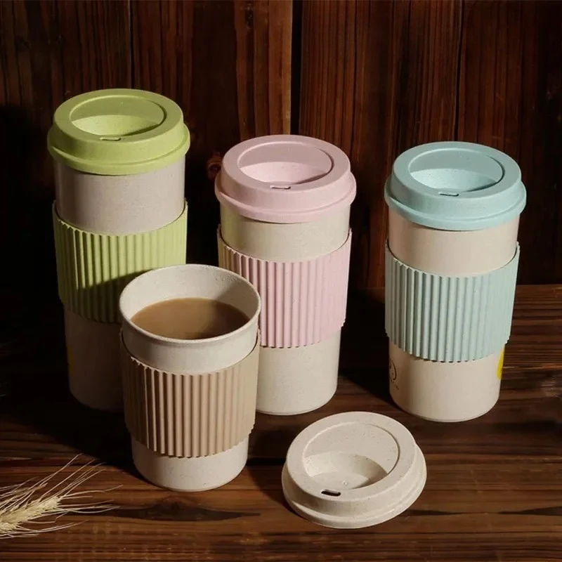 

1/2PCS 450ml Wheat Straw Coffee Cup Portable High Temperature Resistant Water Cup with Lid Reusable Eco-Friendly Travel Mug
