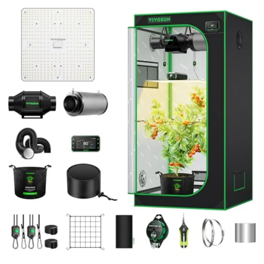Smart Grow Tent Kit for indoor gardening, aluminum frame with black fabric, WiFi-integrated automation, full spectrum 150W LED