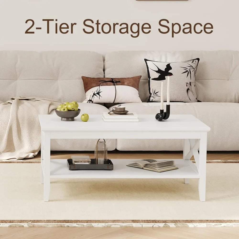 Rectangular Modern Living Room Coffee Table with Storage Shelf, 39 Inch, Classic X Design