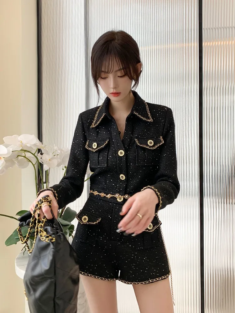 Office Ladies Elegant Black Tweed Playsuits Slim Long Sleeve Spring Single Breasted High Waist Rompers Fashion Women Jumpsuits