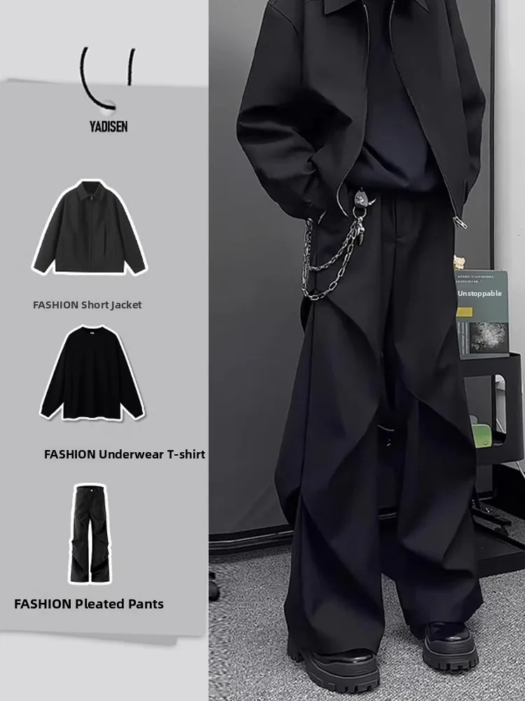 

Черные плиссированные расклешенные брюки для мальчиков: модные повседневные брюки прямого кроя для подростков, весна-осень, немнущиеся