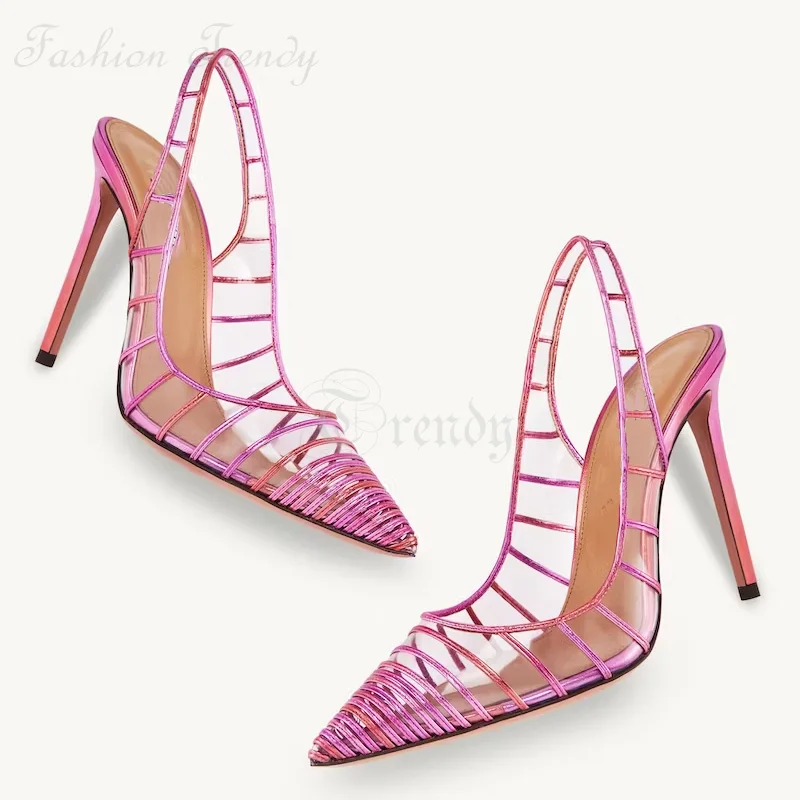 Schwarz sexy Nadel streifen spitze Pumpe Frauen rosa Leder hohl PVC Ferse Sling back Sandalen leicht elegantes Kleid Meer Urlaub Schuh