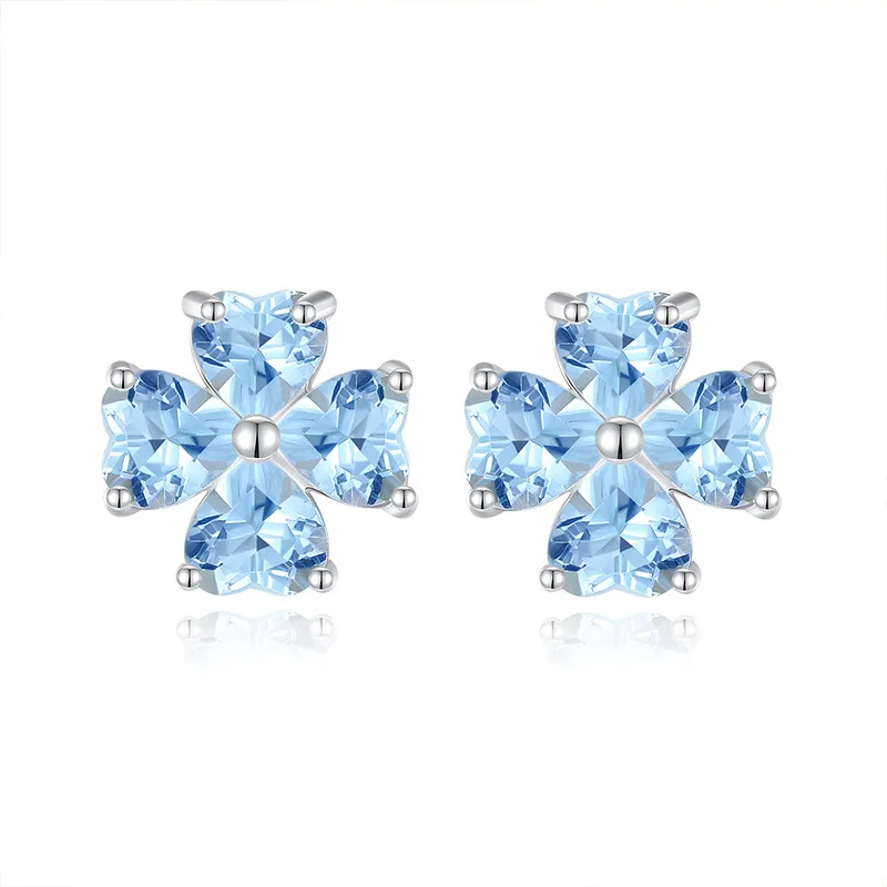 

Authentic 925 Sterling Silver for Women Girl Natural Blue Topaz Citrine Amethyst Garnet Stud Earrings for Women Four-leaf Clover