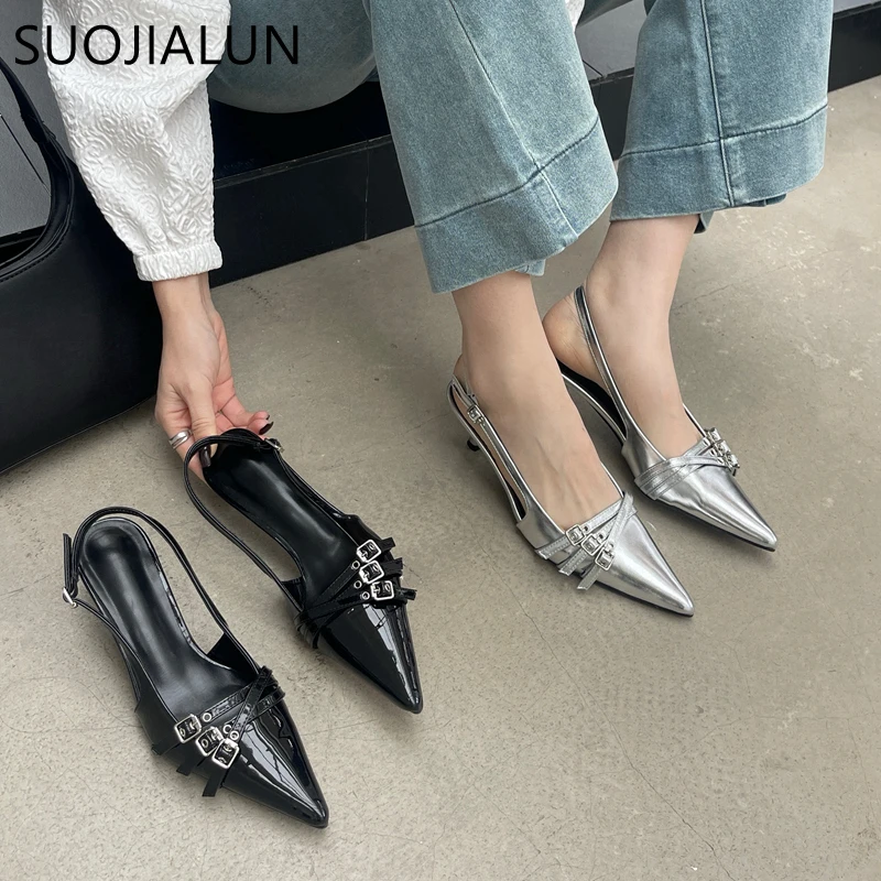 

SUOJIALUN 2024 Spring New Brand Women Sandal Fashion Buckle Ladies Elegnat Pointed Toe Slip On Slingback Shoes Thin Med Heel Mul