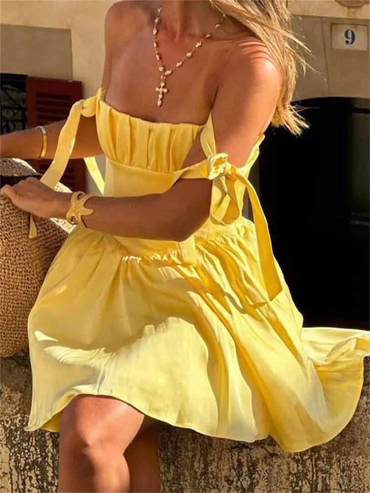 Tossy Lace-Up Bandeau Fashion Mini Dress Women's Elegant Backless Pleated Bandage Slim Solid Summer Dress Female Bodycon Dress