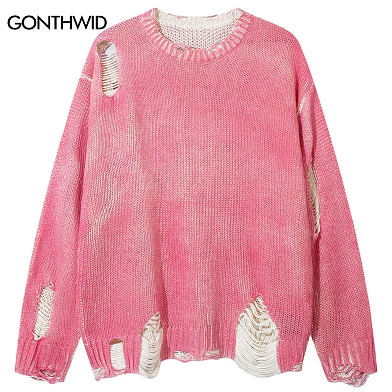 Vintage Sweater Y2K Grunge Ripped Holes Knitted Solid Plain Jumpers Streetwear Men Hip Hop Punk Gothic Long Sleeve Sweaters Pink