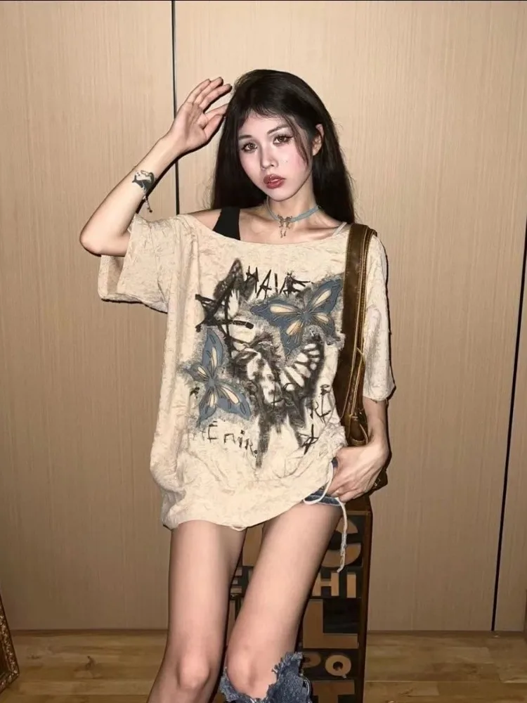 Women Y2k Aesthetic Tassels Butterfly Embroidery T-shirt Summer Dark Grey Slash Neck Tees Harajuku Hole Streetwear Loose Tshirts