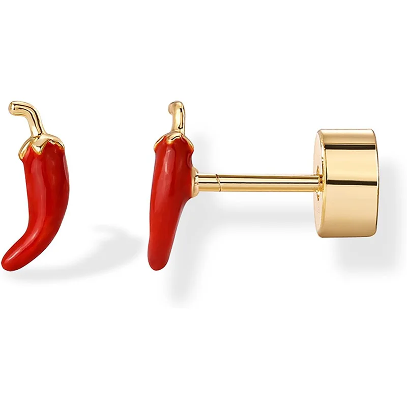 Brincos com parte traseira lisa esmaltados banhados a ouro 14K para mulheres, pimenta colorida, morango, pêssego, cereja, joias de piercing delicadas