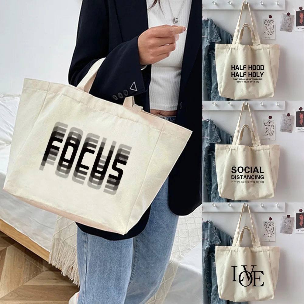 

Canvas Bag Shopping Shoulder Bag Large Capacity Foldable Fashionable Short Sentence Printed Handbag Women's Handbag