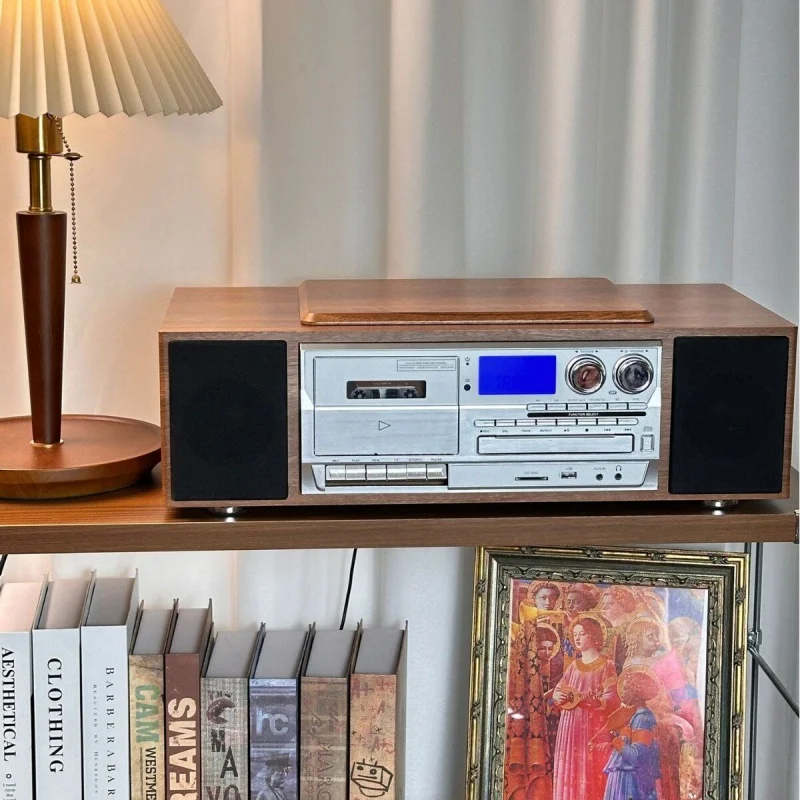 Vintage Wooden All-In-One Stereo Player CD Cassette FM Radio Bluetooth Desktop Home Audio System