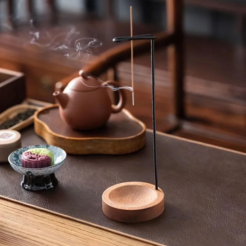 1pc Inverted Incense Holder with Incense Insertion Base Wooden Inverted Thread Incense Burner Reverse Flow Aromatherapy Pendant