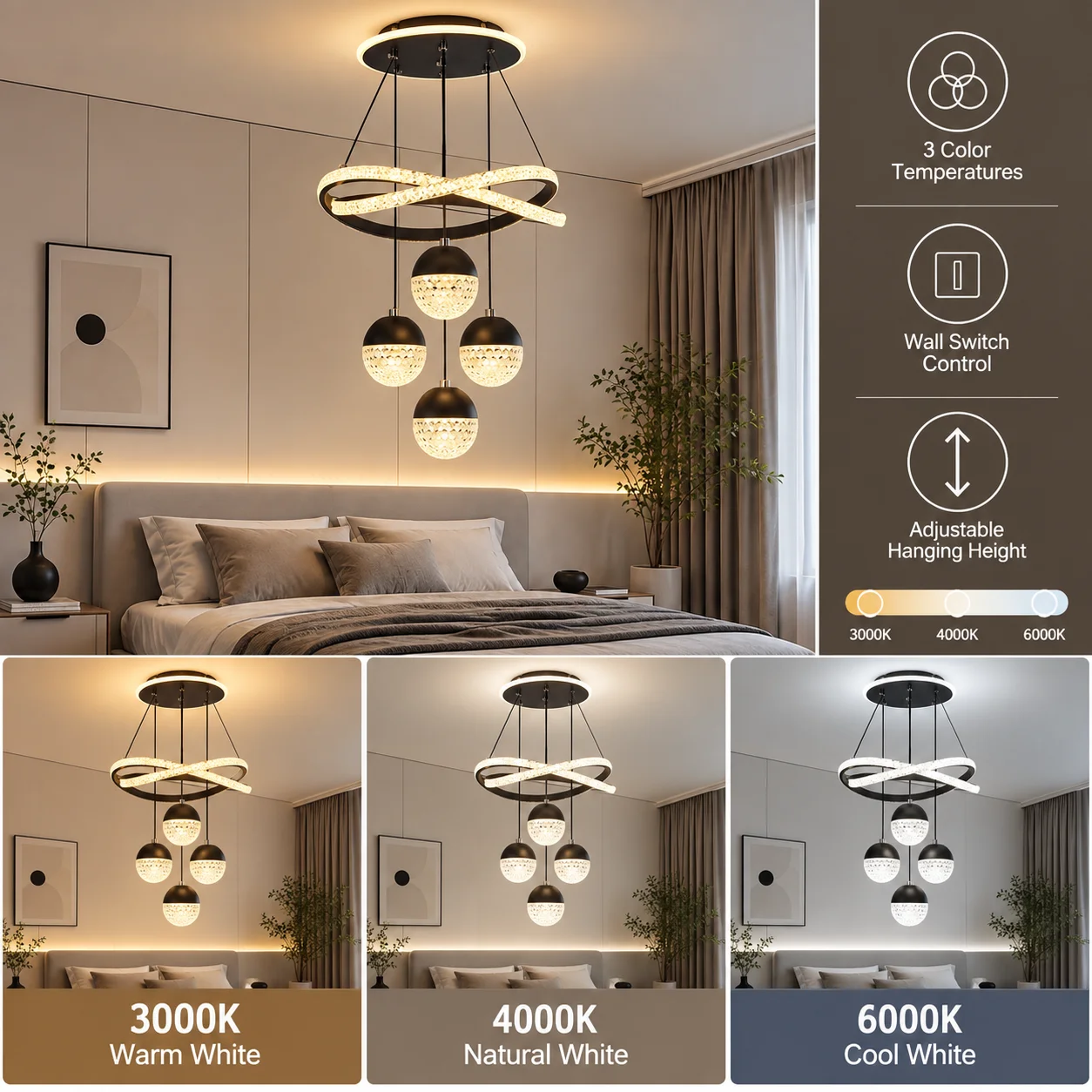 Modern LED chandelier, 4-sphere suspended pendant light with 3 color-changing modes (3000K-4000K-6000K), wall switch control, height-adjustable ceiling fixture, suitable for home decoration in bedrooms, dining rooms, and living rooms.