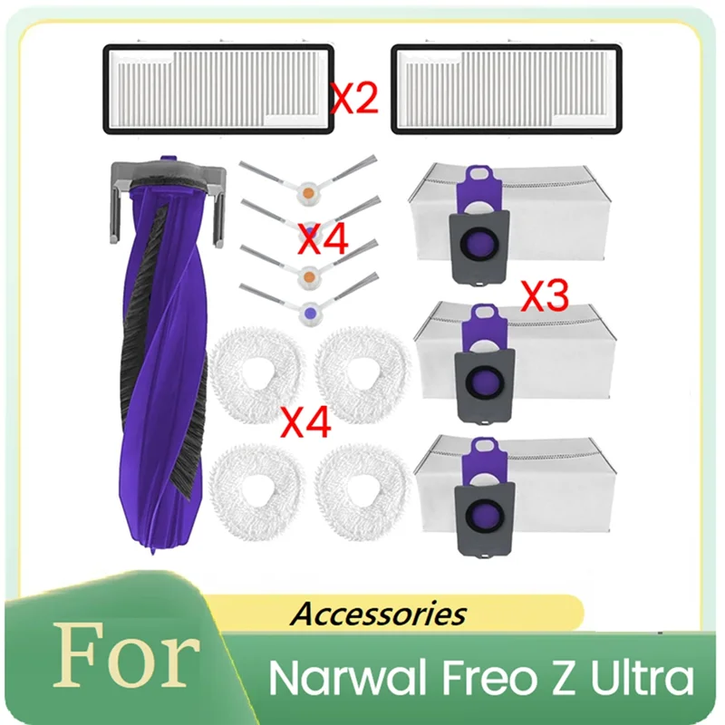 INLIG-14PCS ل Narwal Freo Z الترا مكنسة كهربائية اكسسوارات الأسطوانة الجانب فرشاة فلتر HEPA ممسحة وسادة كيس لجميع الغبار استبدال أطقم