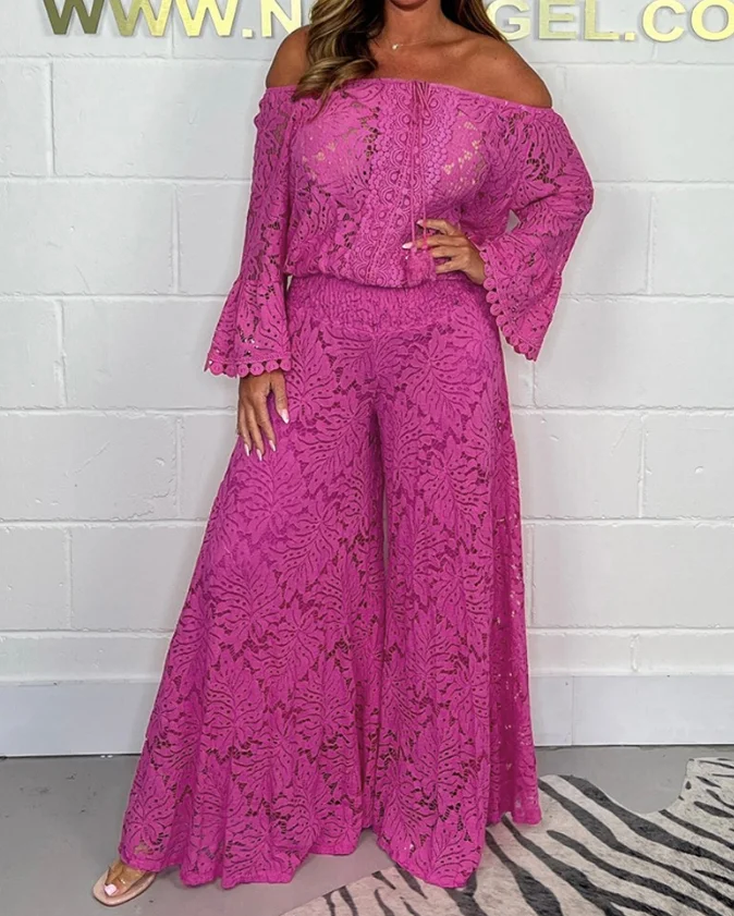 

Casual Women's Summer Elegant Pants Set Lace One Neck Off Shoulder Bell Sleeve Top and Wide Leg Bell Bottom Pants Set