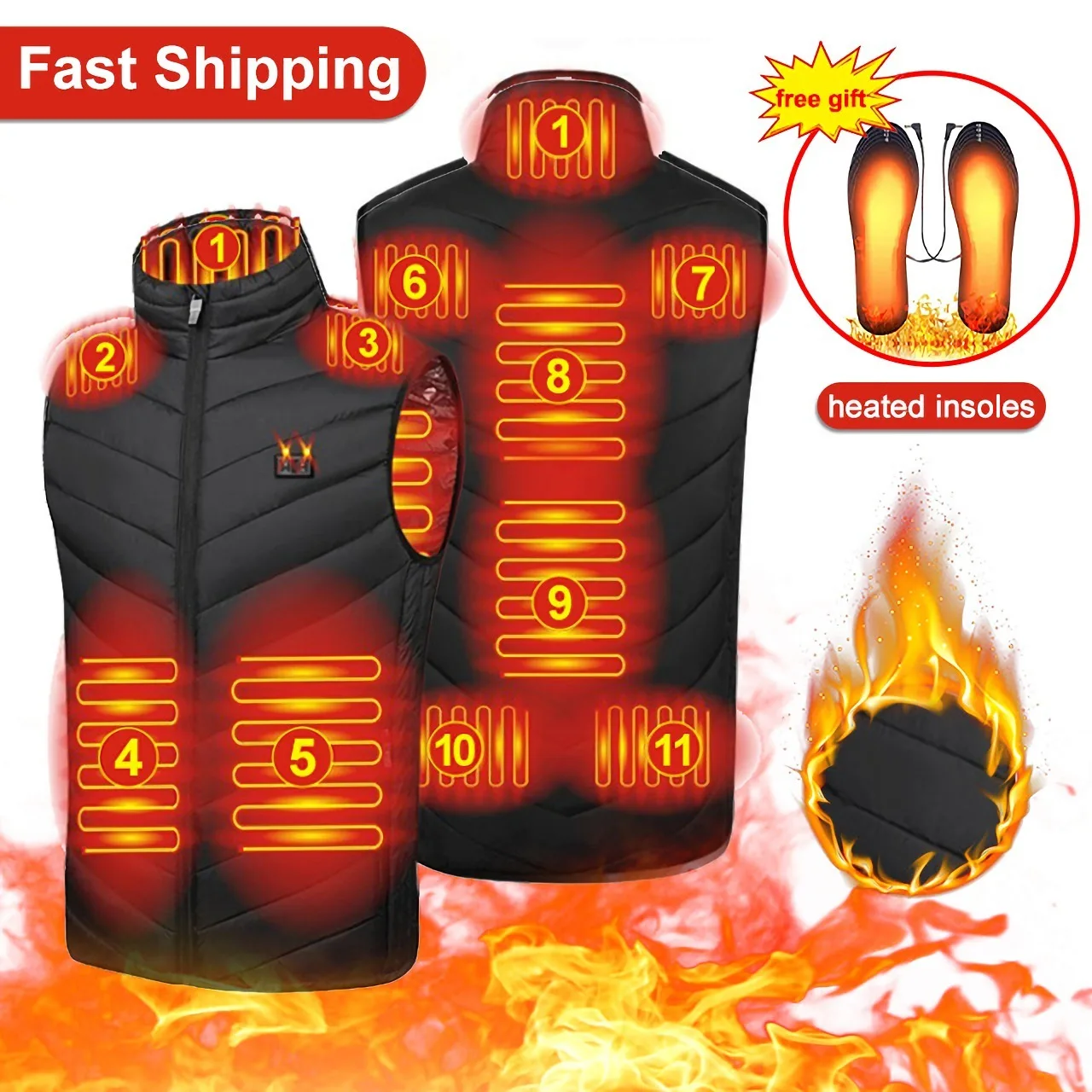 

Heating Vest with free gift Heating insoles Men 11 Areas Heated Jackets Winter Smart USB Heated Vest for Hunting Cycling Fishing