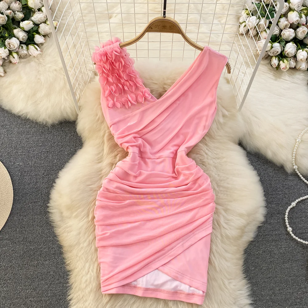 Foamlin Women Summer Mesh Bodycon Dress Solid V Neck Sleeveless High Waist Ruched Cross Split Tight Fit Night Club Mini Dress