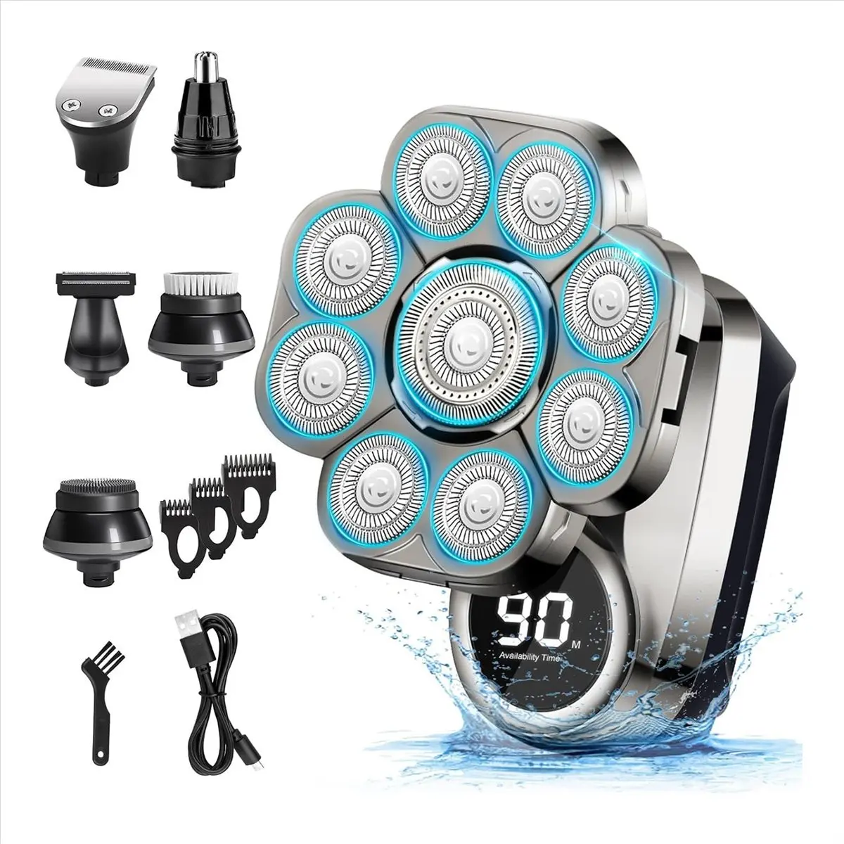 A64K Head Shaver, 9D Electric IP67 Waterproof Men's Rotary Head Beard Shaver with LED Display, Electric Shaver for Men