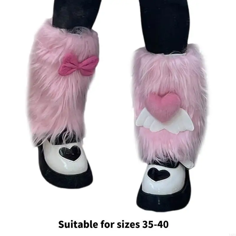 

Y88A Pink Furry Leg Warmers Japanese Thick Fuzzy Plush Boot Covers with 3D Heart Bows