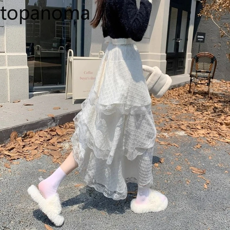 

Topanoma Women Skirts Lace Patchwork Irregular High Waist 2025 Spring Stretch High Waist Cake Long Skirt Sweet Female Casual