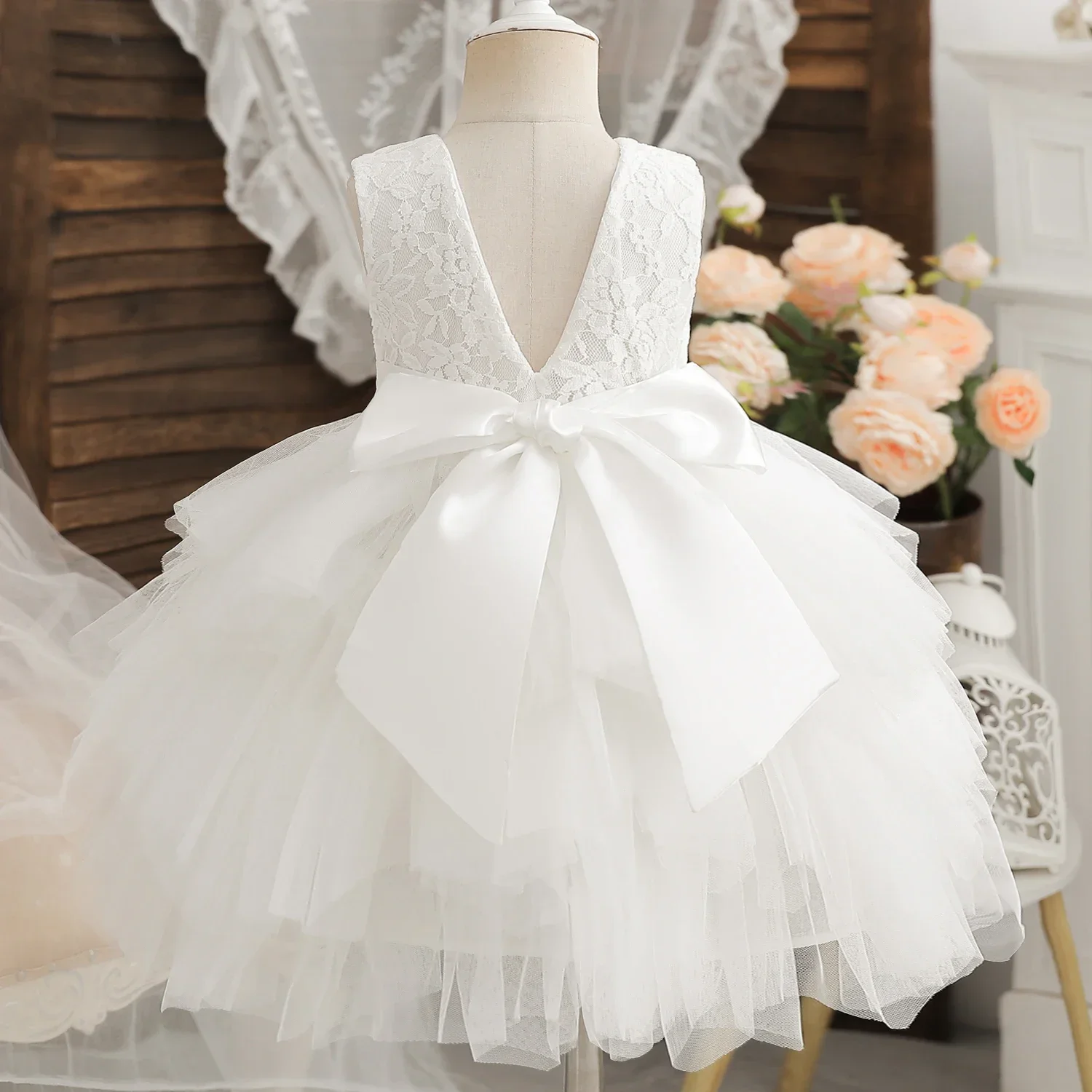 2024 New Baby Girl Dress for Backless Lace Layer 2-6Y Kids Birthday Princess Dress White Wedding Party Flower Tutu Elegant Gowns