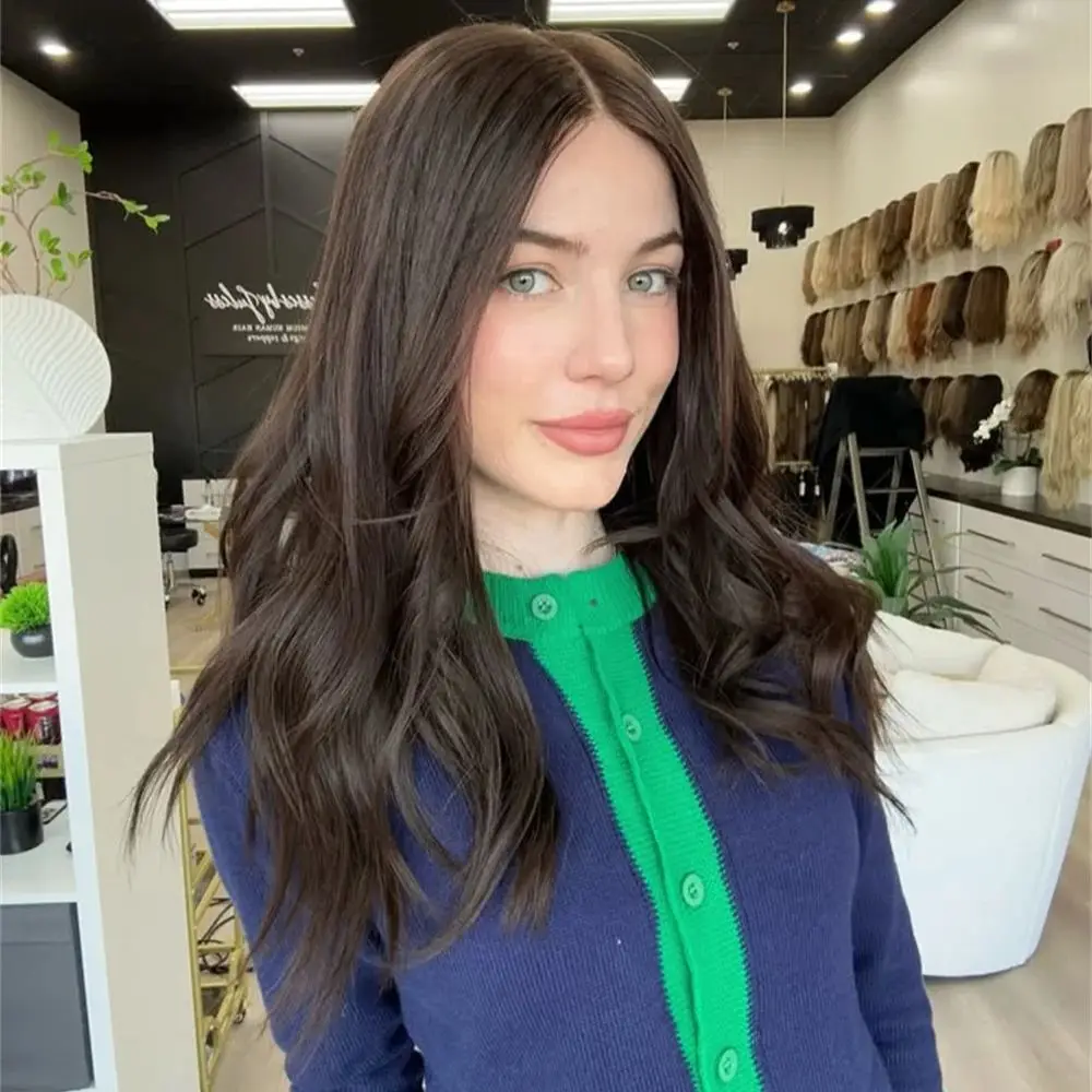 

Шоколадно-коричневый синтетический парик с небрежными волнами для женщин, темно-русый, натуральный, с кружевной передней частью, термостойкий, волнистый, до плеч