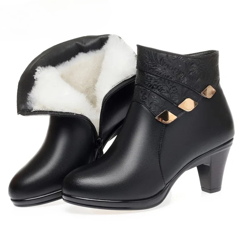 

2025 New High Quality Genuine Leather Plush Women's Ankle Boots Winter Warm Wool Women's High-heeled Snow Boots Botas Para Mujer