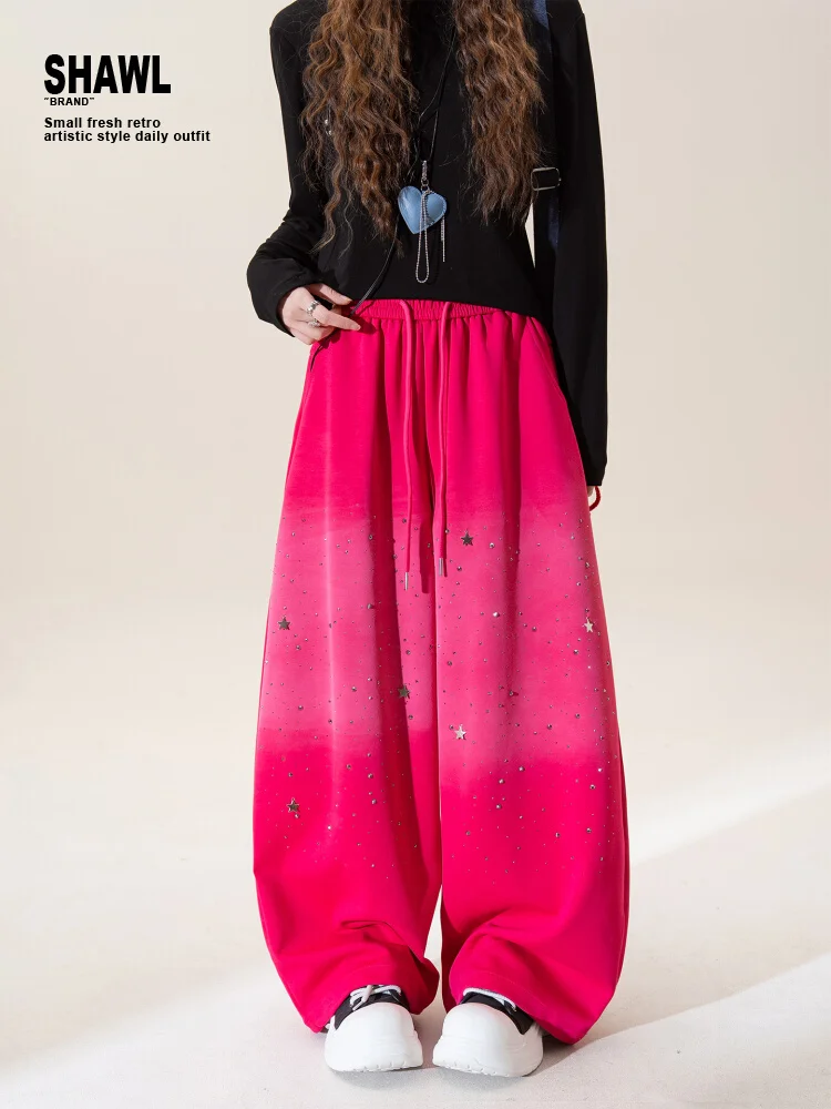 

Rose adient Rhinestone Wide Leg Sports Pants Women's Winter New Small Design Slim Straight Casual Long Trousers