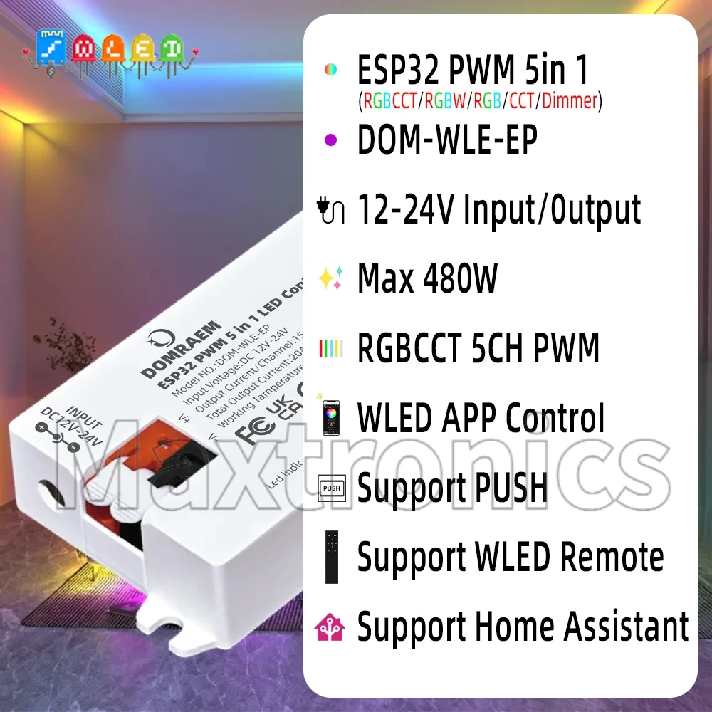 

DOMRAEM НОВЫЙ контроллер 5-в-1 ESP32 PWM WLED для аналоговых светодиодных лент Alexa Google Home для 2/3/4/5/6-проводных лент DIM CCT RGB RGBWCCT