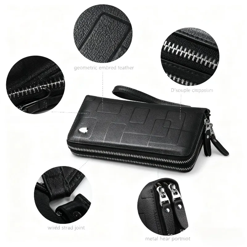 

Men's Leather Long Wallet Double Zipper Clutch Purse with Wrist Strap Geometric Pattern Card Holder Organizer for Business