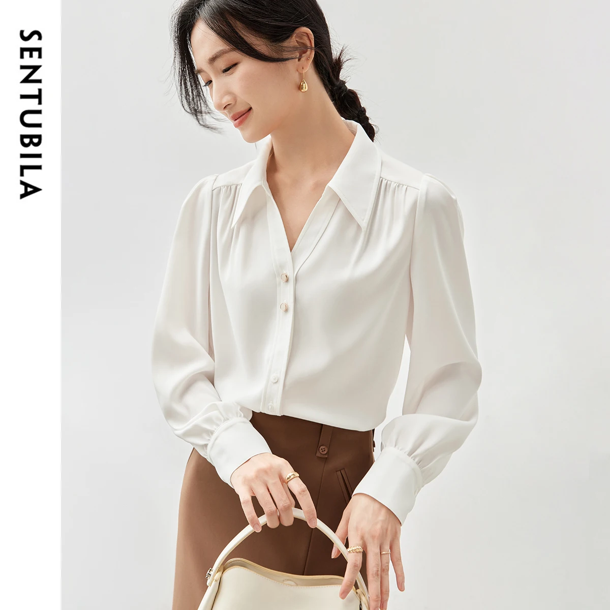 

SENTUBILA Long Sleeve Blouses For Woman 2025 Autumn Fashion V Neck Simple Chiffon Tops Office Lady Women Clothing 143V57054