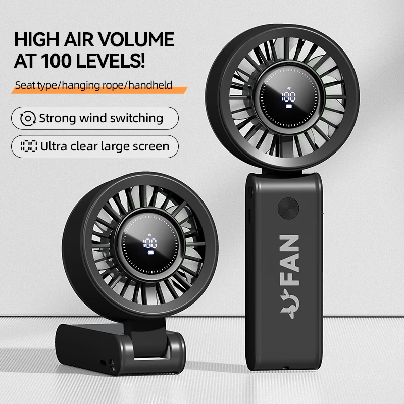 2026 Digital Display Handheld Fan High-speed Small Cool Mini Portable Type-C For Desktop Folding 100 Level Hanging
