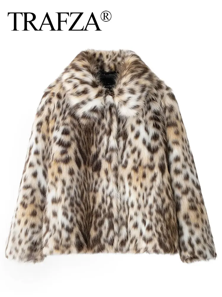 TRAFZA Winter Woman Leopard Print Faux Fur Coat Lapel Long Sleeves Loose Cardigan Top Female Elegant Street Women\'s Warm Coats