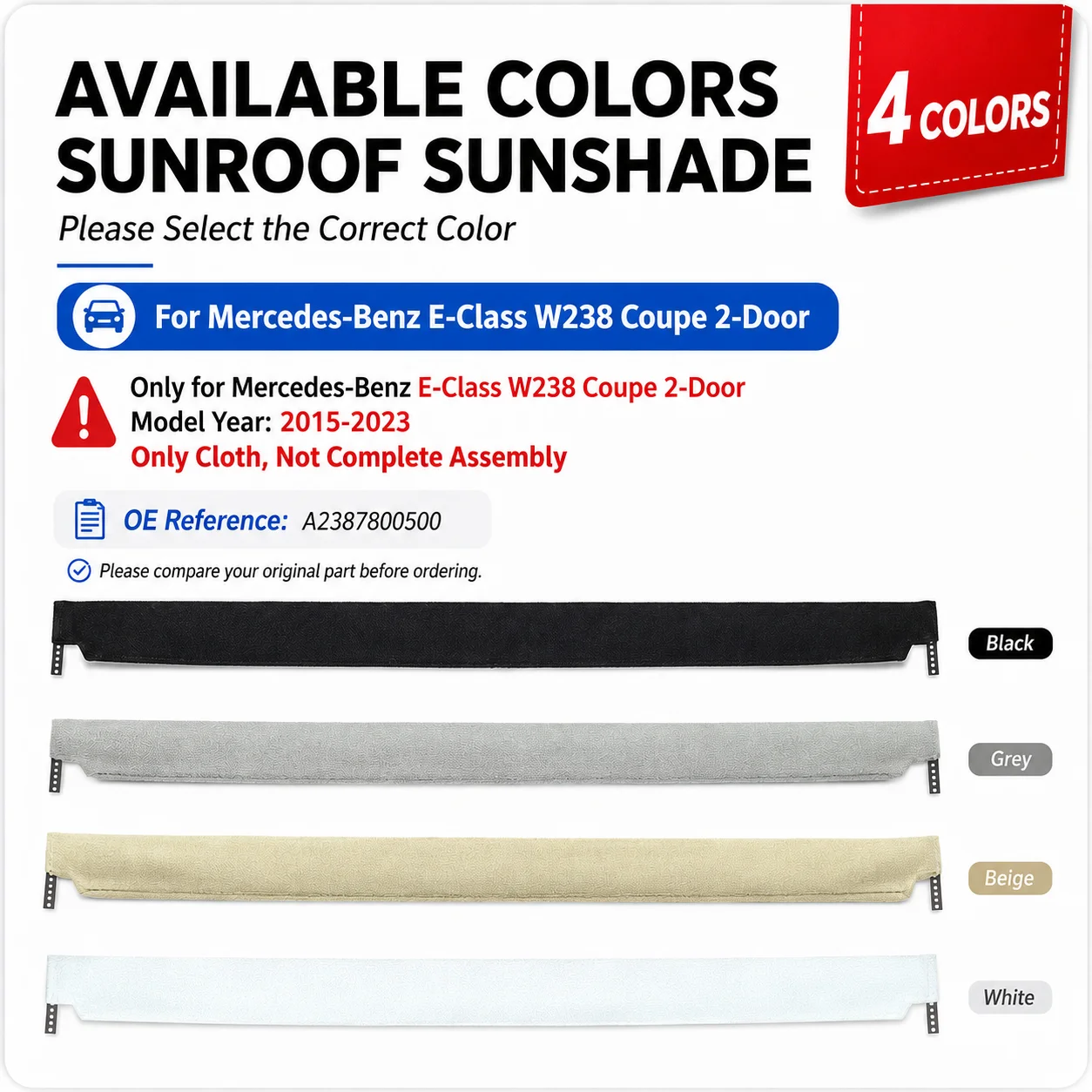 Only Cloth Sunroof Sunshade Curtain Fabric Replacement For Mercedes Benz C238 E-Class Coupe 2016- OE A2387800500 2387800500