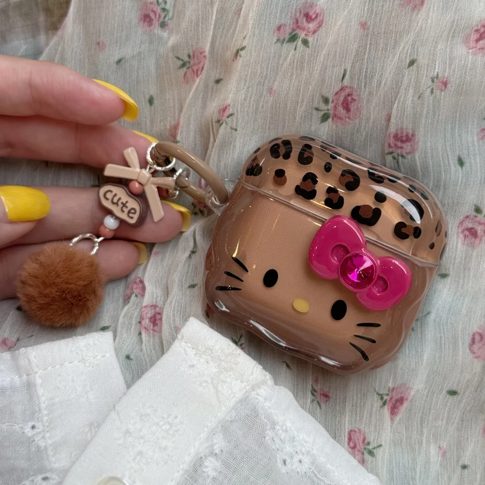

Leopard Print KT Cat 3D Bow With Keychain Case for AirPods Pro2 4 3 2 1 Pro Earphone Cover Protective Headphone Cover