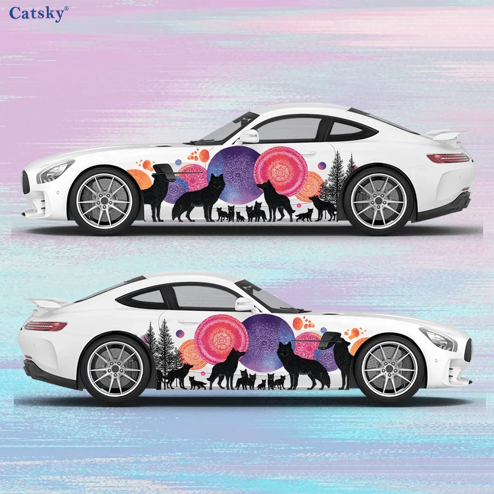 Black Wolf Pack Colorful Mandala Car Side Car Wrap, Self-Adhesive PVC Waterproof & Scratch-Resistant Sticker, Car Accessory Gift view 4