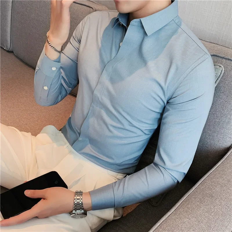 Men Long Sleeved Shirt 2024 Autumn New Anti-wrinkle Soft Solid Casual Elastic Slim Fit Camisas Y Blusas Streetwear Men Clothing