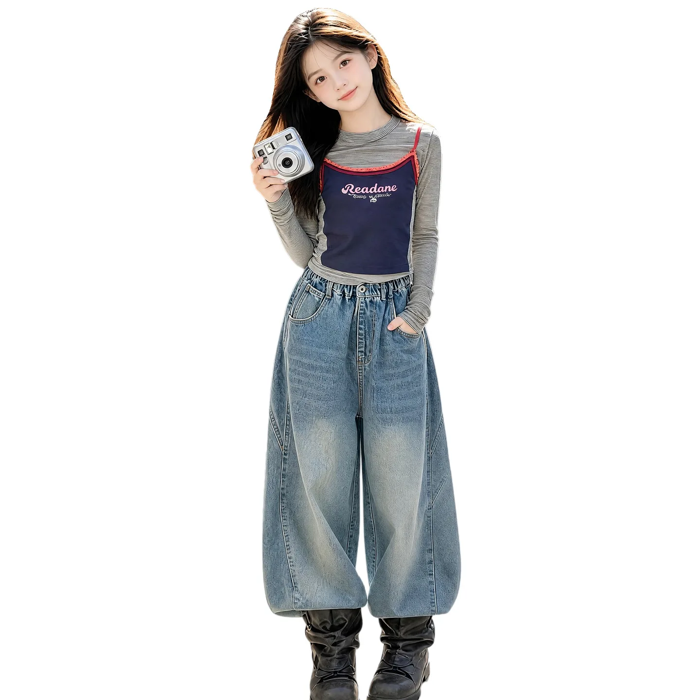 2026 autumn summer girls Children set long sleeve Teenager letters patchwork striped t shirt loose tops 4 8 10 12 14 year korea