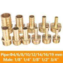 Encaixe de tubos de latão para Mangueira Barb, macho conector, junta de cobre acoplador adaptador, 4mm, 6mm, 8mm, 10mm, 12mm, 19mm, 1/8 pol, 1/4 pol, 1/2 dentro, 3/8 dentro, BSP