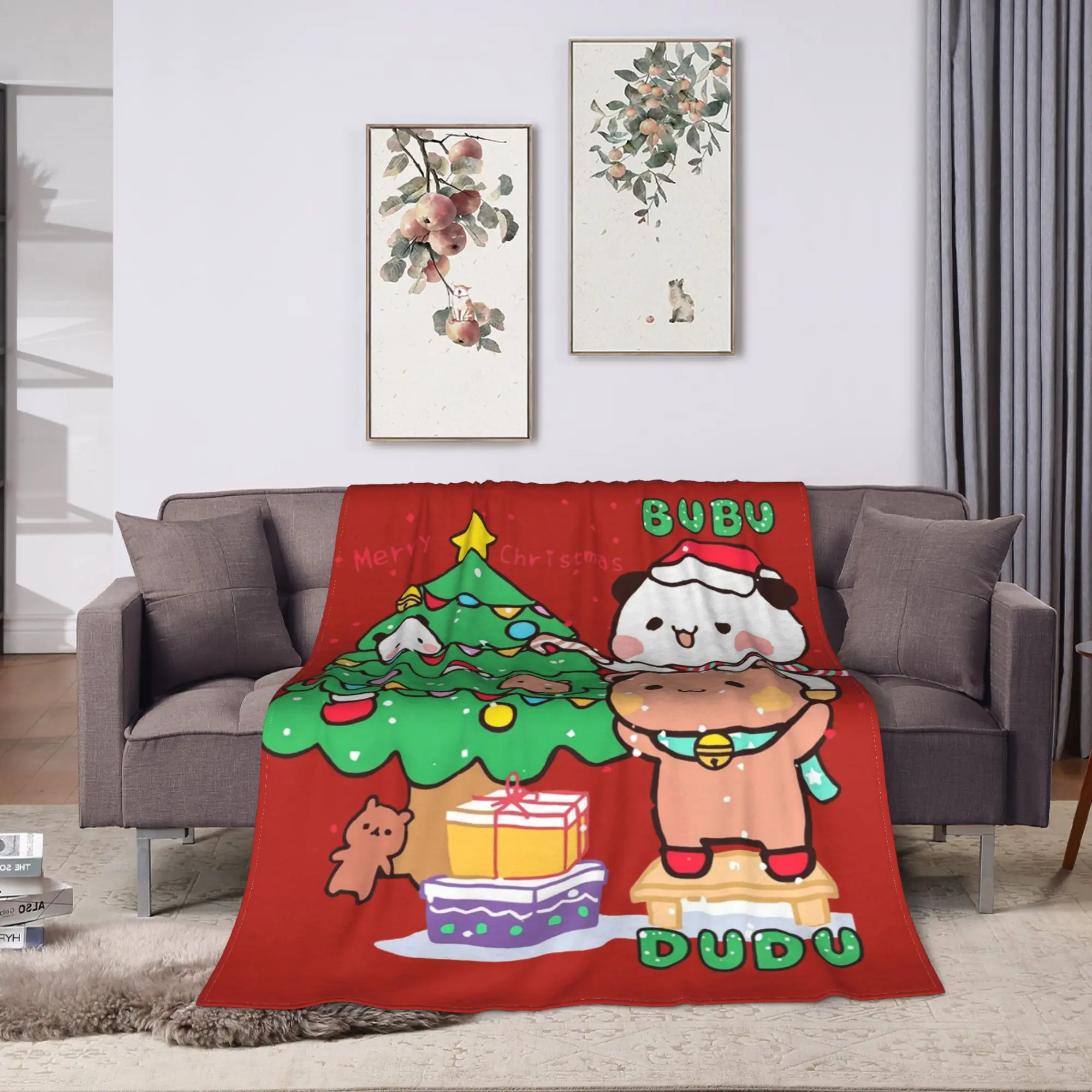 Bubu and Dudu Merry Christmas Tree Flannel Blanket  Warm Soft Throw Blanket for Couch Chair Airplane Print Sofa Bed Cover
