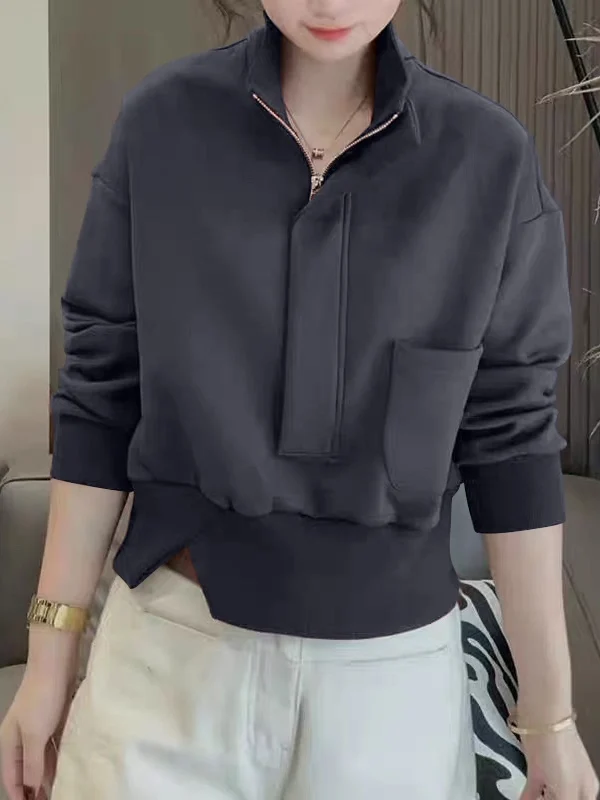 Felpa con Cappuccio Taglie Forti con Zip, Collo Alto, Moda Autunno Inverno, Top Ampio e Snellente, Stile Coreano