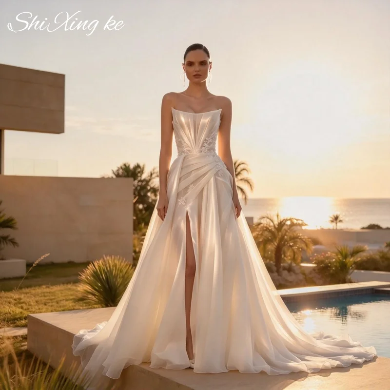 Illusion Lace Satin Bridal Gown Strapless A Line Slit Wedding Dress Vestidos De Novia Customized