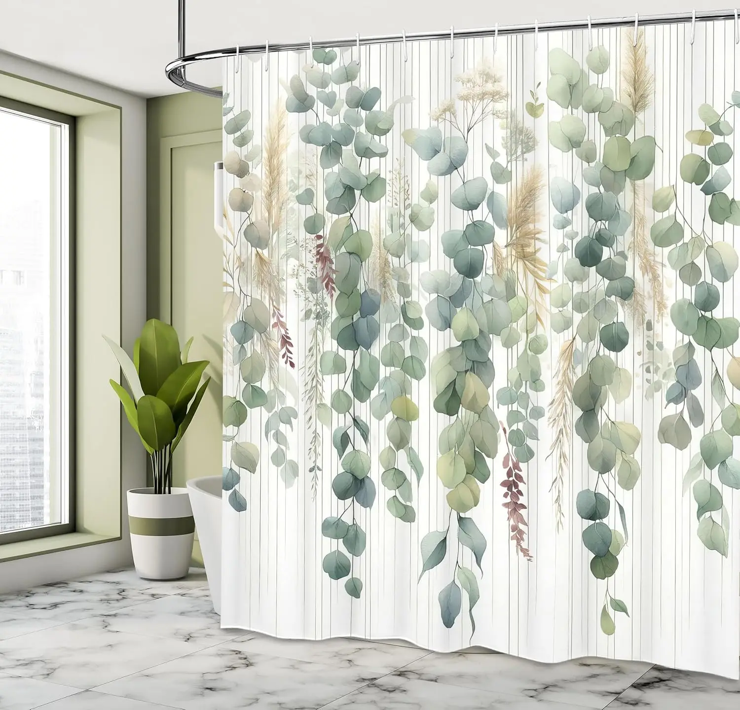 

Зеленая занавеска для душа, мечтательные листья эвкалипта в стиле фэнтези мира на однотонной спине, экзотическая весна, тканевая ткань для ванной комнаты
