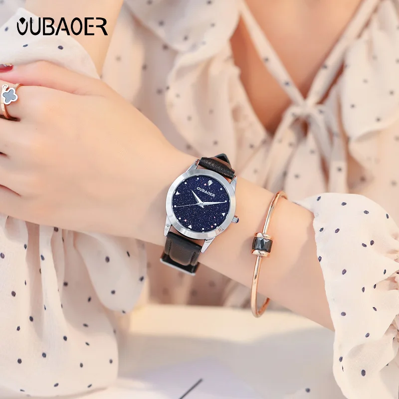 Oubaoer top original diamond quartz women\'s watch fashion starry sky dial leather strap waterproof ladies watch gift for ladies