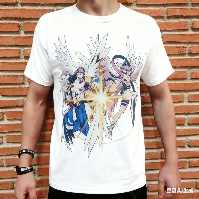 MINISO Moda Verano Digimon: Angemon y Angewomon Dynamic Duo Camisetas Ocio al aire libre Deportes Street Hip Hop System Grande