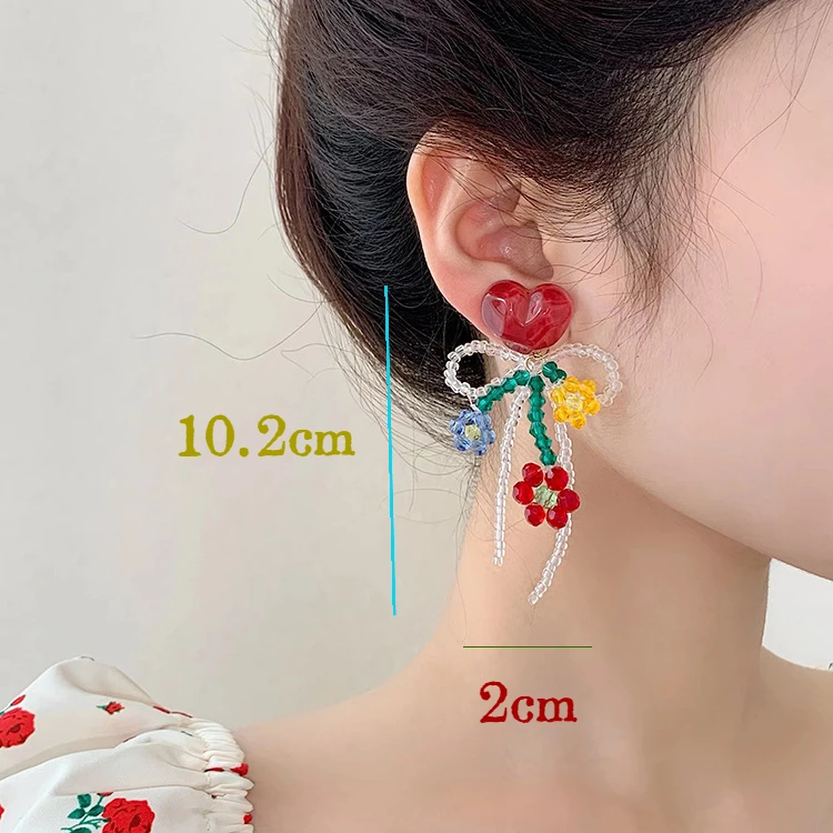 Cute Colorful Heart Flower Crystal Beaded Bow Acrylic Stud Earrings for Women Fashion Jewelry Minimalist Accessories