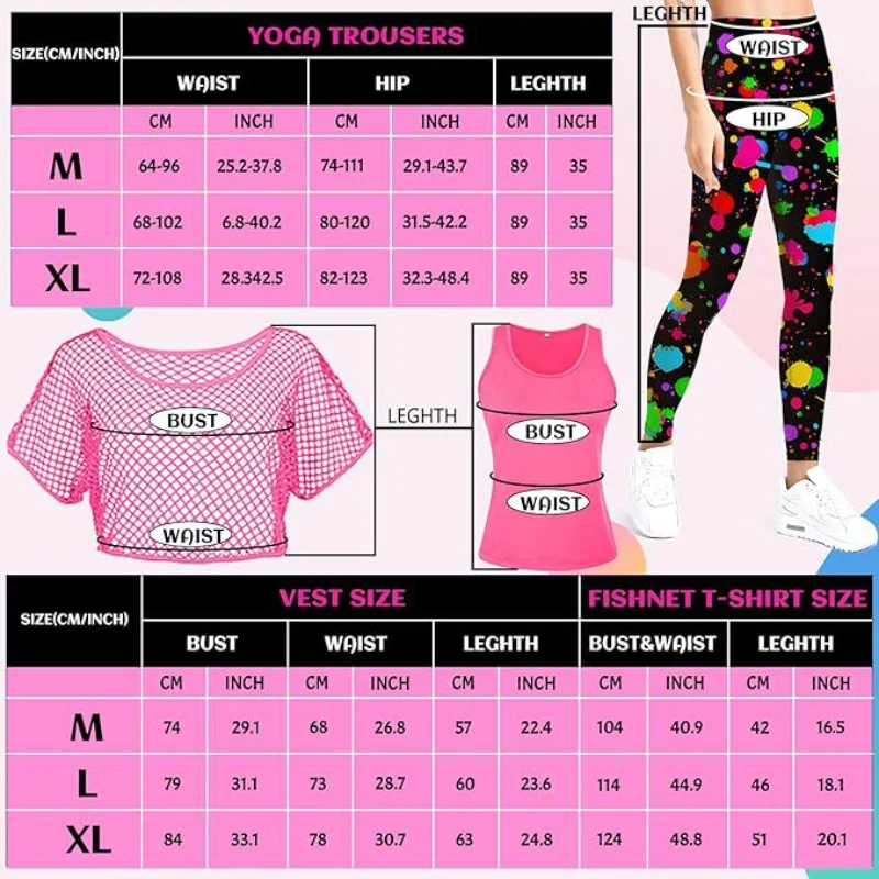 10Pcs/set Women 80s Fancy Workout Costume 80s Accessories Set Neon Mesh T-shirt Leg Warmers Gloves Earrings Necklace Fanny Pack