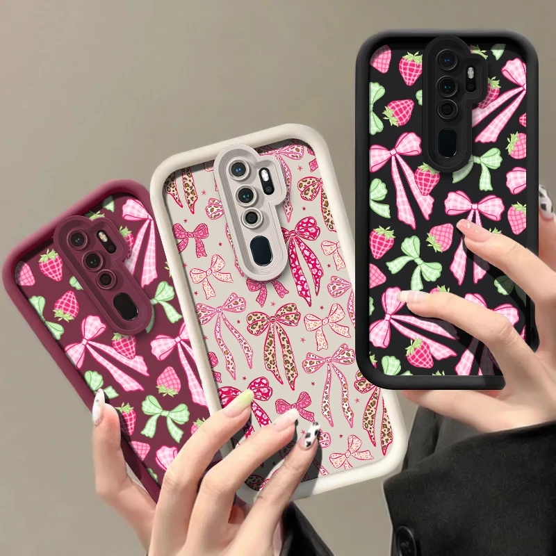 جراب هاتف ل ممن لهم A60 A76 A57 A55 A54 A52 A33 A32 A92S A72 A73 A74 A38 A53 لطيف القوس عقدة الفراولة طباعة غطاء مقاوم للصدمات