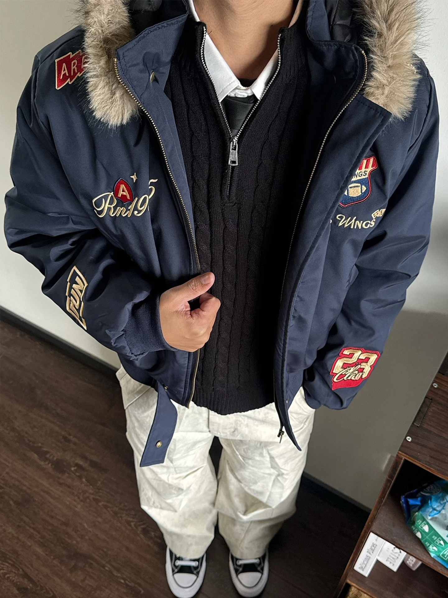 

Ретро-куртка в американском стиле с вышивкой, свободного кроя, из хлопка, с меховым воротником, для мужчин, уличная одежда для пар