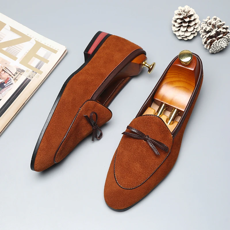 Cow Suede Loafers for Men Bowknot  Round Toe  Slip-On Fashion Business Handmade Men's Shoes 