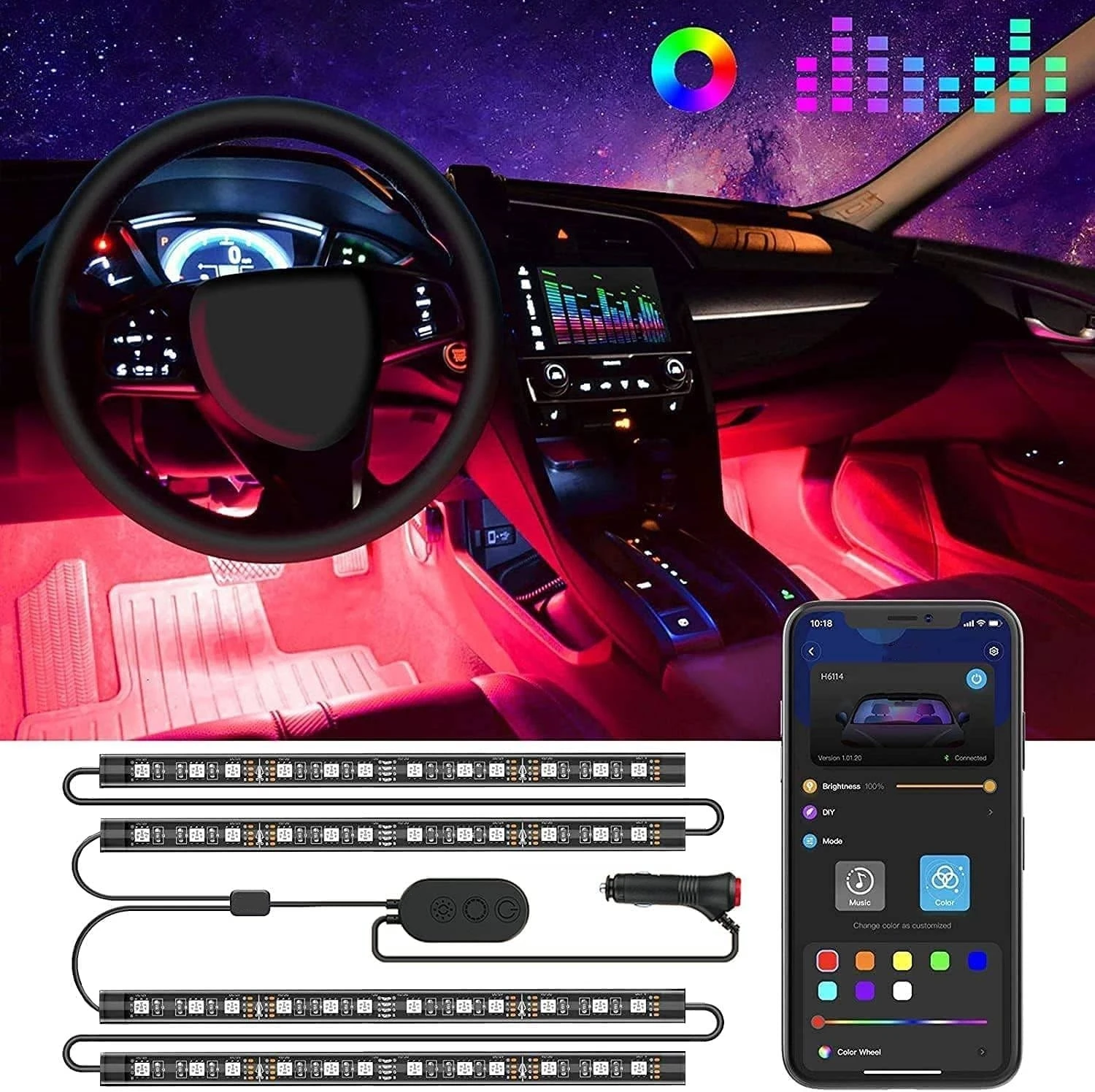 Lumières LED de voiture intelligentes avec contrôle d'application, lumières intérieures RVB, mode bricolage et mode musique, SmarCar